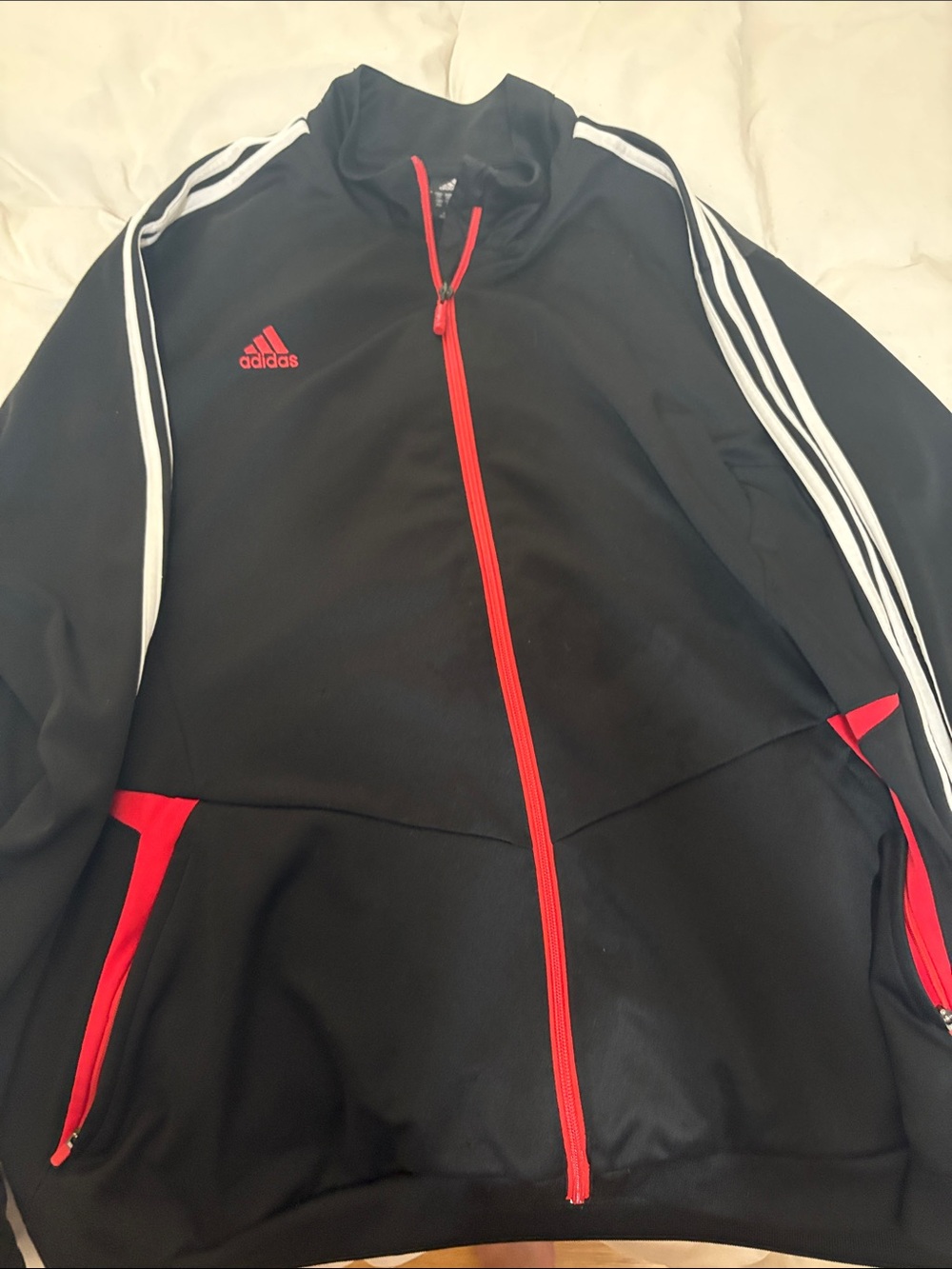 adidas Black Performance Jacket with Red Trim and White Stripes